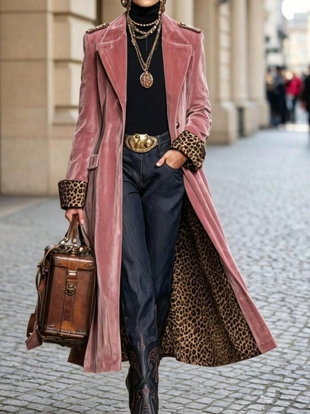 Pink Elegant Women's Velvet Long Jacket With Leopard Print Cuffs